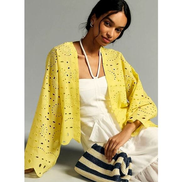 Anthropologie WOMENS ONE SIZE Maeve Cropped Navy Eyelet Boho Kimono yellow - Picture 1 of 12